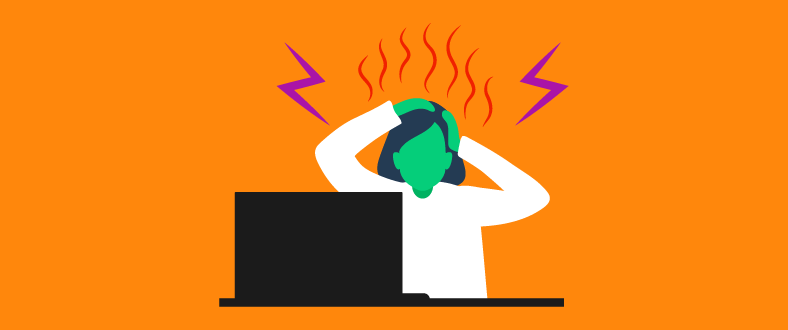Ilustração de fundo laranja, com uma pessoa de frente ao computador com as mãos na cabeça, de onde saem raios e fumaça, dando a ideia de exaustão e superexposição a informações.