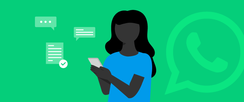 Ilustração de fundo verde, com uma pessoa com o celular na mão, respondendo uma pesquisa de satisfação pelo whatsapp