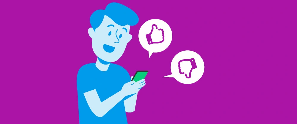 Ilustração de fundo roxo, com um cliente com o celular na mão, com dois balões de diálogo indicando um positivo e um negativo.

CSAT - Customer Satisfaction Score. 
