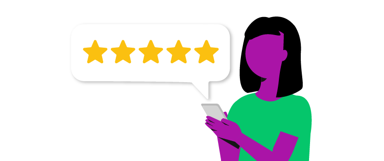 Ilustração de mulher olhando para celular enquanto 5 estrelas aparecerem, indicação satisfação. 

Customer Experience. 