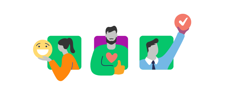 Ilustração de três pessoas: a esquerda segurando um emoji sorridente, a do centro fazendo joia e com um coração no peito e a da direito com o braço estendido segurando um ícone que representa "check, feito"

Customer Experience. 