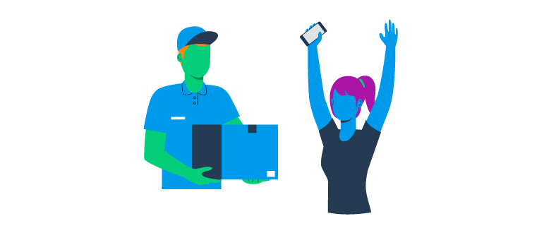 Ilustração de mulher com os braços para o alto e celular na mão enquanto um homem com uma caixa na mão aguarda para lhe entregar. 

Customer Experience. 