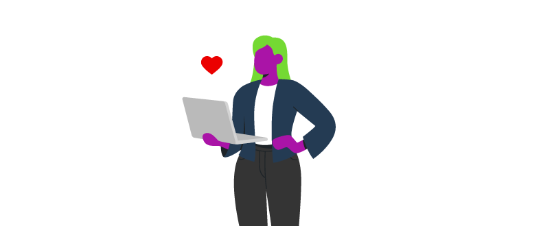 Ilustração de mulher com a mão na cintura enquanto segura o notebook com a outra mão e um coração na frente da tela. 

Customer Experience. 