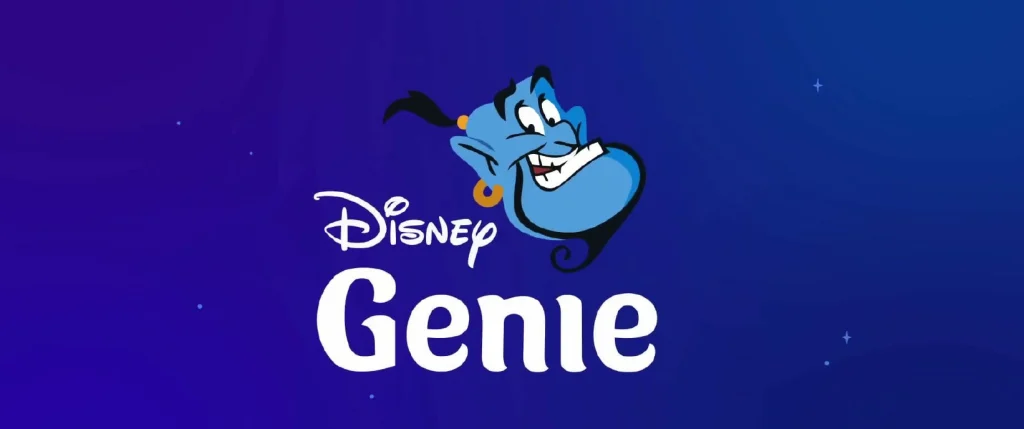 Ilustração de fundo azul com a logo do Disney Genie ao centro.