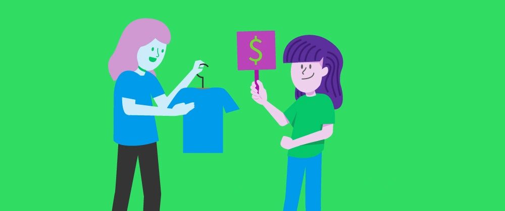 Ilustração de uma compra, mostrando uma cliente com uma camiseta nas mãos e a vendedora com uma plaquinha com um cifrão, indicando o pagamento.


CSAT - Customer Satisfaction Score. 
