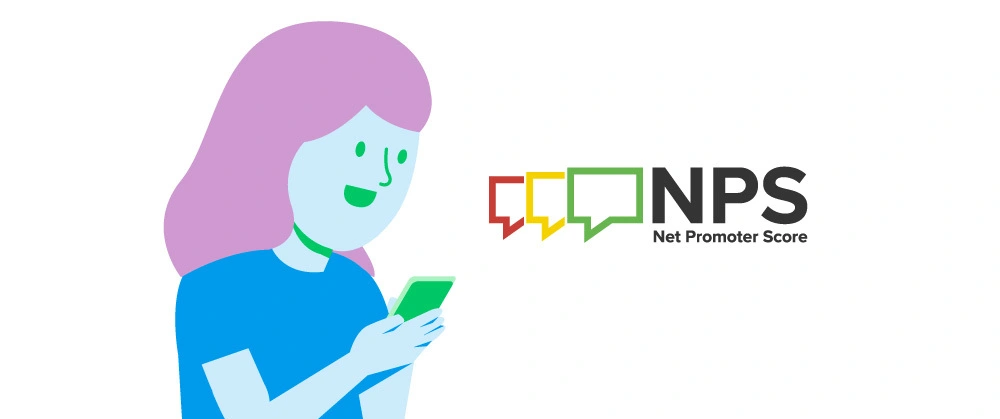 Ilustração com fundo branco de mulher de cabelo roxo, pele verde e blusa azul olhando para o telefone enquanto ao lado está escrito "NPS - Net Promoter Score"