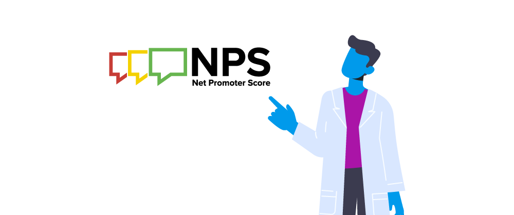 Ilustração de médico apontando para a sigla do NPS - Net Promoter Score. 

Nps e Satisfação do Cliente.