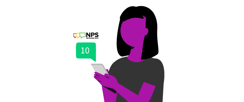 Ilustração de mulher segurando telefone com uma nota 10 em frente e o logo do Net Promoter Score ao lado. 

Como aumentar seu NPS. 