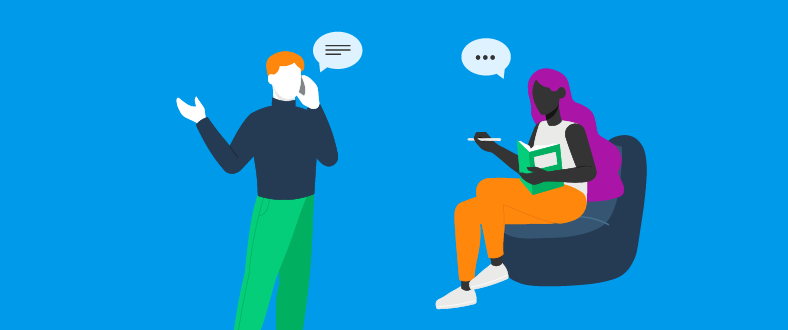 Ilustração de duas pessoas sentadas frente a frente e uma delas passando instruções sobre melhorias. 

Pessoas - Customer Experience. 