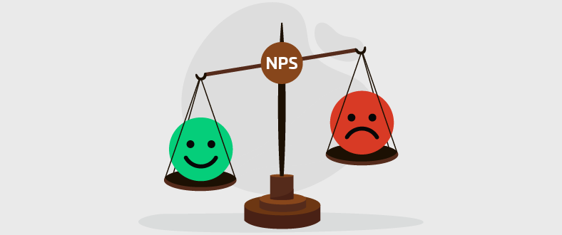 Ilustração que representa as críticas e contra-argumentos ao NPS, com uma balança de pratos ao centro e, de um lado, uma bolinha verde representando as coisas positivas, e uma bolinha vermelha representando as críticas ao Net Promoter Score.