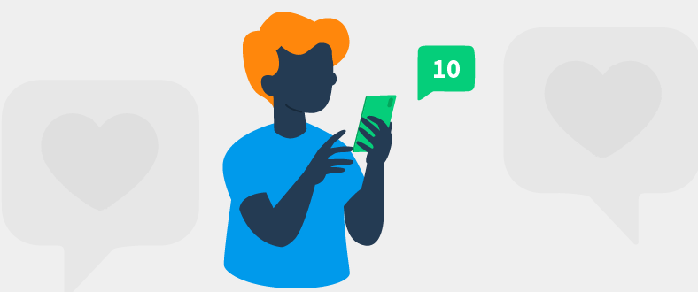 Imagem ilustrativa que mostra uma pessoa ao centro, com o telefone na mão, respondendo uma pesquisa de satisfação.