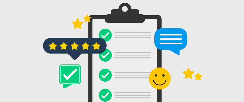 A imagem de fundo claro mostra uma prancheta com vários feedbacks listados e, flutuantes, ícones diversos indicando múltiplas formas de se coletar o feedback do cliente.