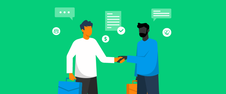 Ilustração de fundo verde, com duas personagens apertando as mãos, fazendo novos negócios. Ao redor, ícones flutuantes remetem ao CAC, custos, receitas, negócios e novos clientes