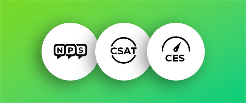 ilustração com os ícones das métricas de CX NPS, CSAT e CES